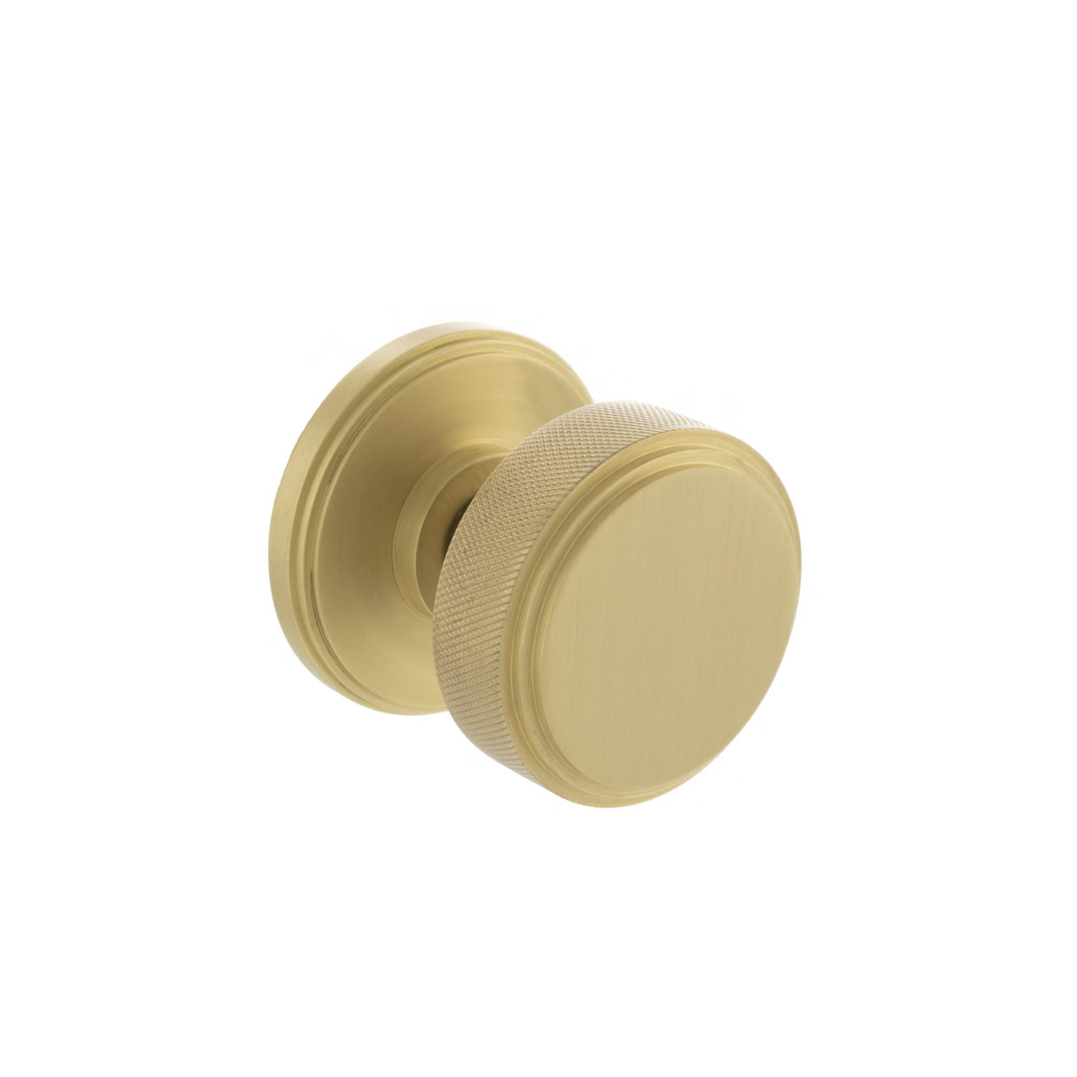Quality image of Millhouse Brass Harrison Solid Brass Knurled Mortice Door Knob on Concealed Fix Rose - Satin Brass | Sku. mh450ksmksbsolid | available from Trade Door Handles.
