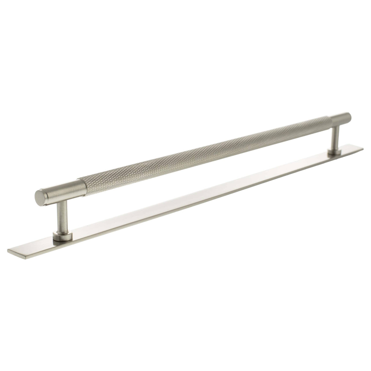 Quality image of Millhouse Brass Eiffel Knurled T-Bar Cabinet Pull Handle on Backplate 320mm - Satin Nickel | Sku. mhckb17320sn | available from Trade Door Handles.