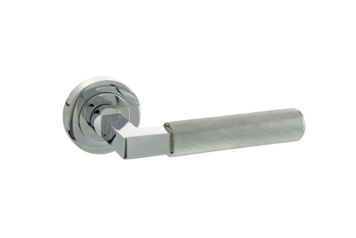 Quality image of Millhouse Brass Cartwright Knurled Lever Door Handle on Round Rose - Polished Chrome | Sku. mhr200pc | available from Trade Door Handles.