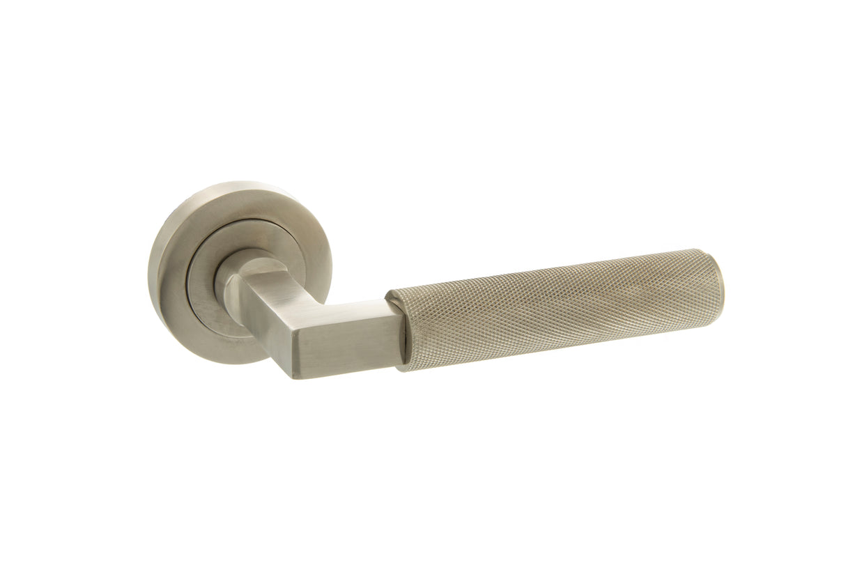 Quality image of Millhouse Brass Cartwright Knurled Lever Door Handle on Round Rose - Satin Nickel | Sku. mhr200sn | available from Trade Door Handles.