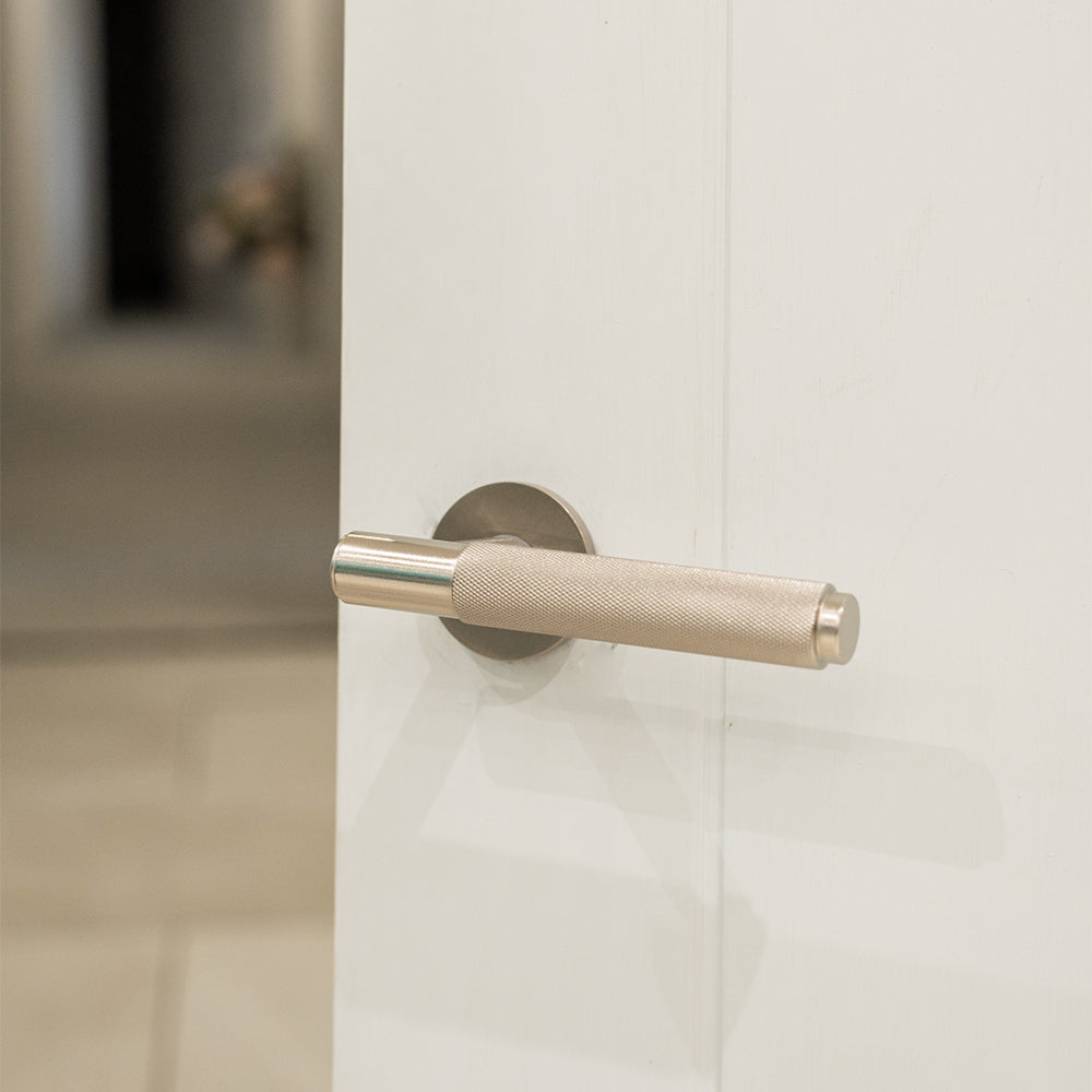Quality image of Millhouse Brass Crompton Knurled Lever Door Handle on 5mm Slimline Round Rose - Satin Nickel | Sku. mhsr100sn | available from Trade Door Handles.