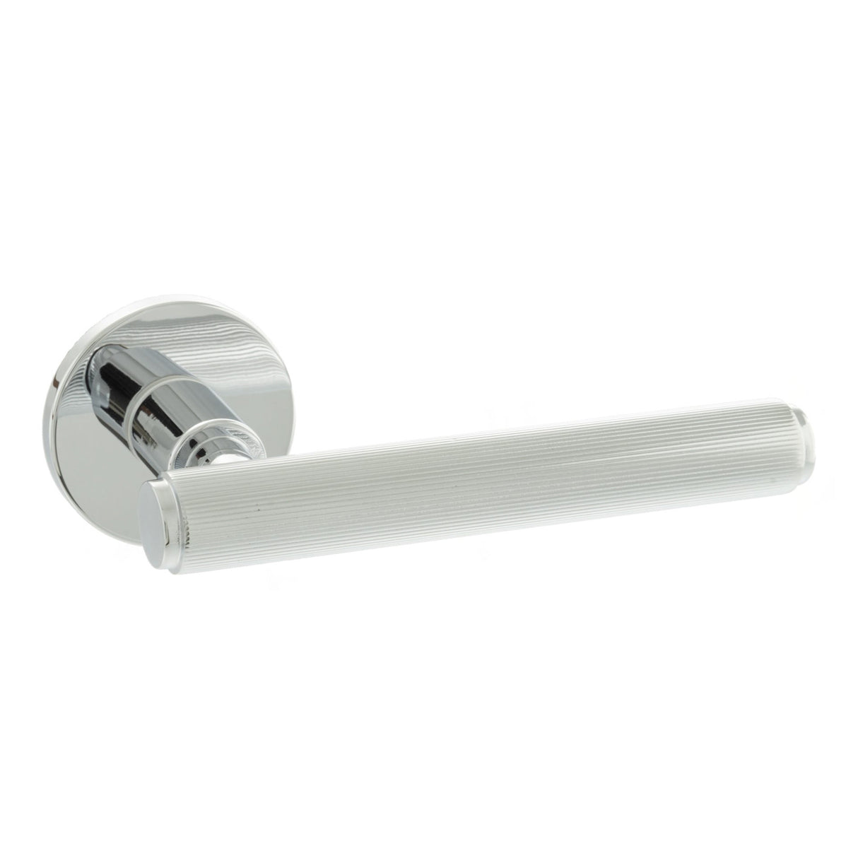 Quality image of Millhouse Brass Stephenson Knurled Lever Door Handle on 5mm Slimline Round Rose - Polished Chrome | Sku. mhsr250pc | available from Trade Door Handles.