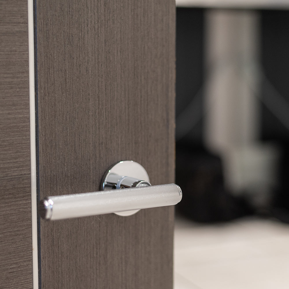 Quality image of Millhouse Brass Stephenson Knurled Lever Door Handle on 5mm Slimline Round Rose - Polished Chrome | Sku. mhsr250pc | available from Trade Door Handles.