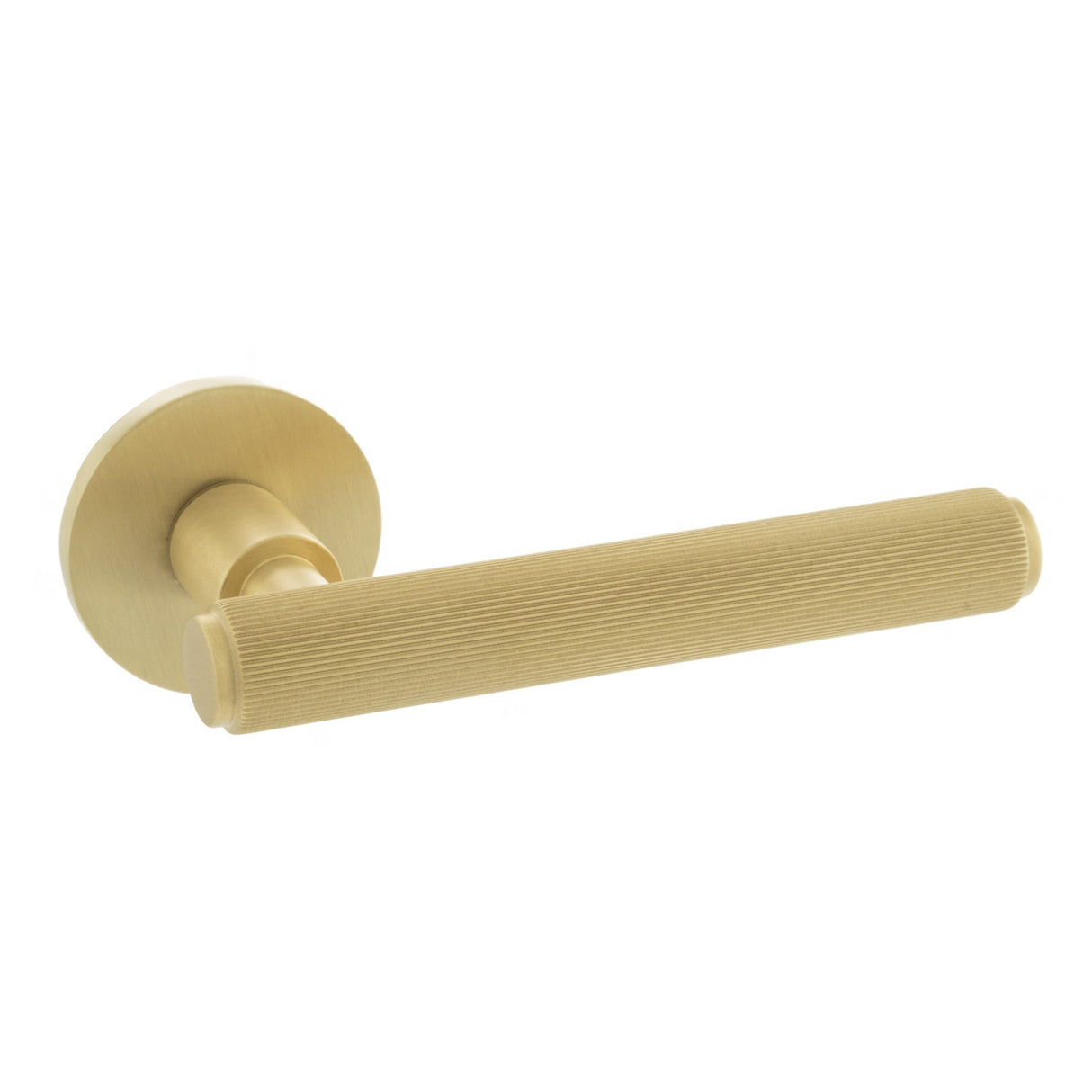 Quality image of Millhouse Brass Stephenson Knurled Lever Door Handle on 5mm Slimline Round Rose - Satin Brass | Sku. mhsr250sb | available from Trade Door Handles.