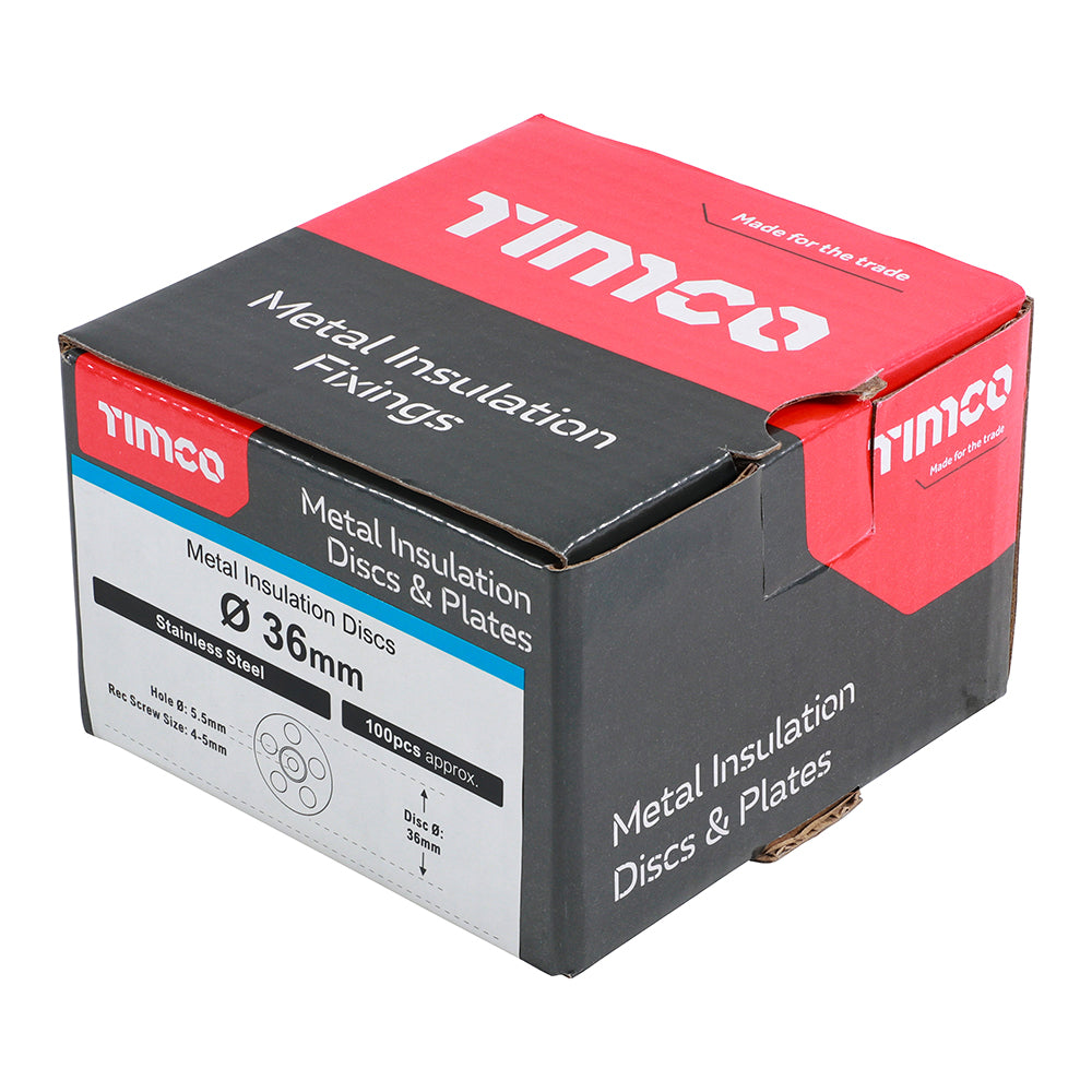 This is an image of Timco - Metal Insulation Discs - Stainless Steel 36mm - (100 PCS Box) MID36SS