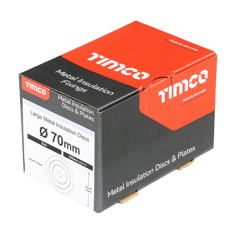 This is an image of Timco - Large Metal Insulation Discs - Galvanised 70mm - (100 PCS Box) MID70