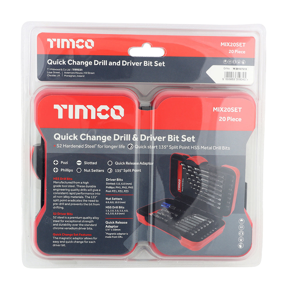 This is an image of Timco - Driver Bit & Ground Jobber Drill Bit Set 20pcs (20 Pieces Case) MIX20SET