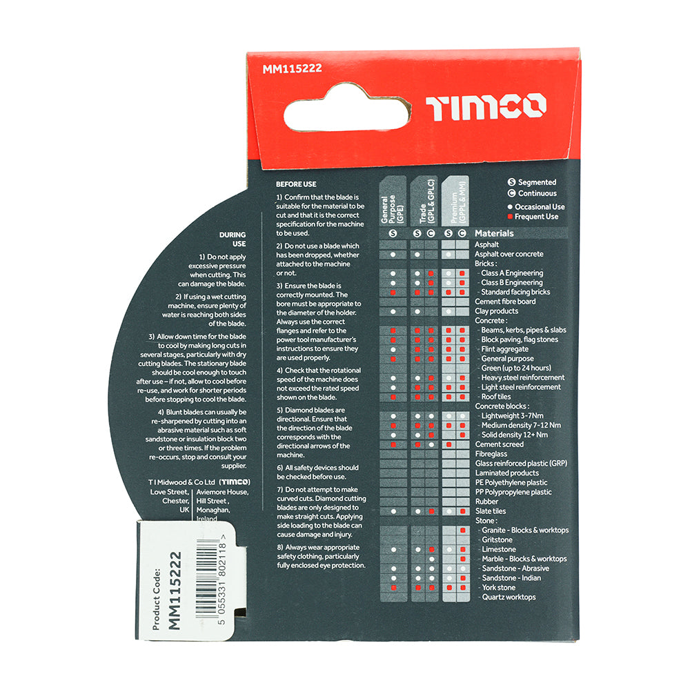 This is an image of Timco - Premium Diamond Blade - Turbo Continuous 115 x 22.2 (1 Each Box) MM115222