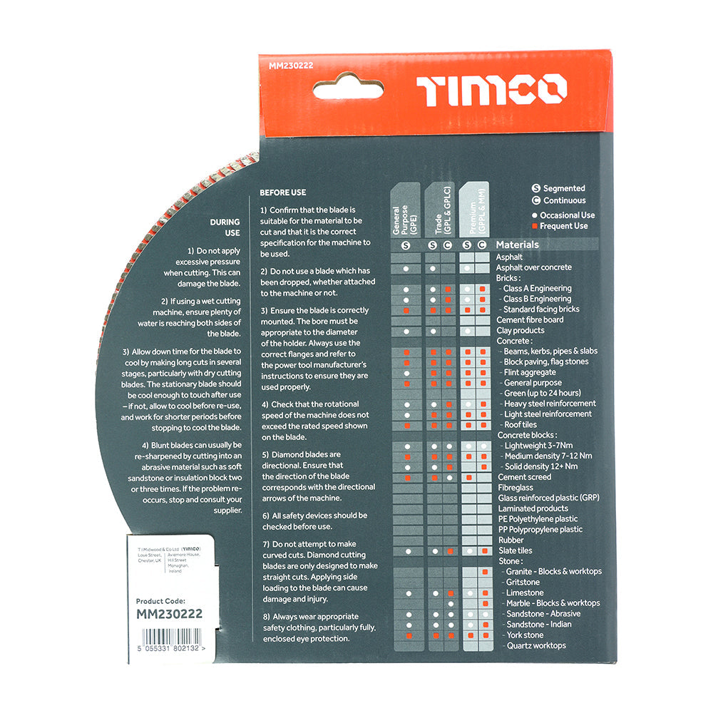 This is an image of Timco - Premium Diamond Blade - Turbo Continuous 230 x 22.2 (1 Each Box) MM230222