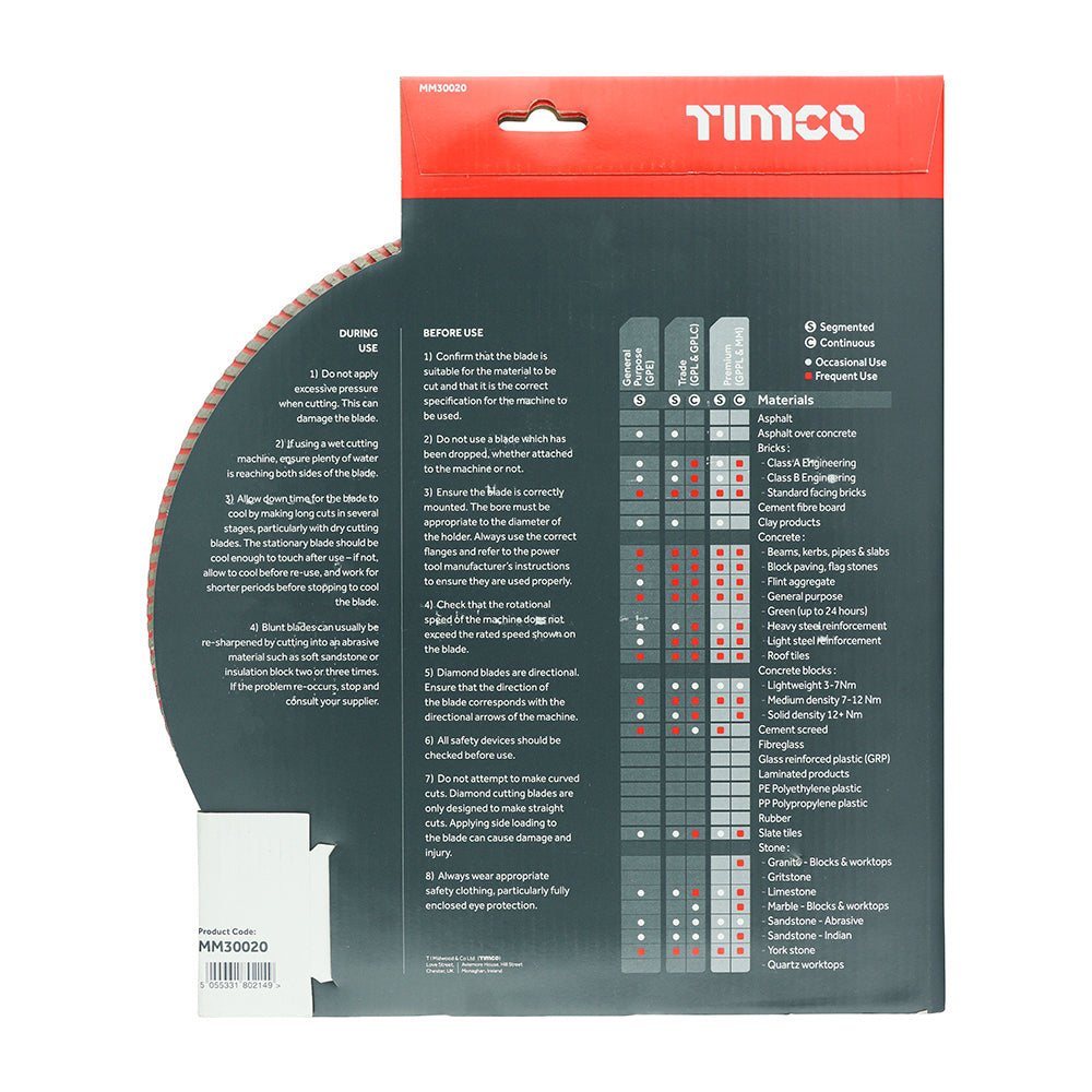 This is an image of Timco - Premium Diamond Blade - Turbo Continuous 300 x 20 (1 Each Box) MM30020