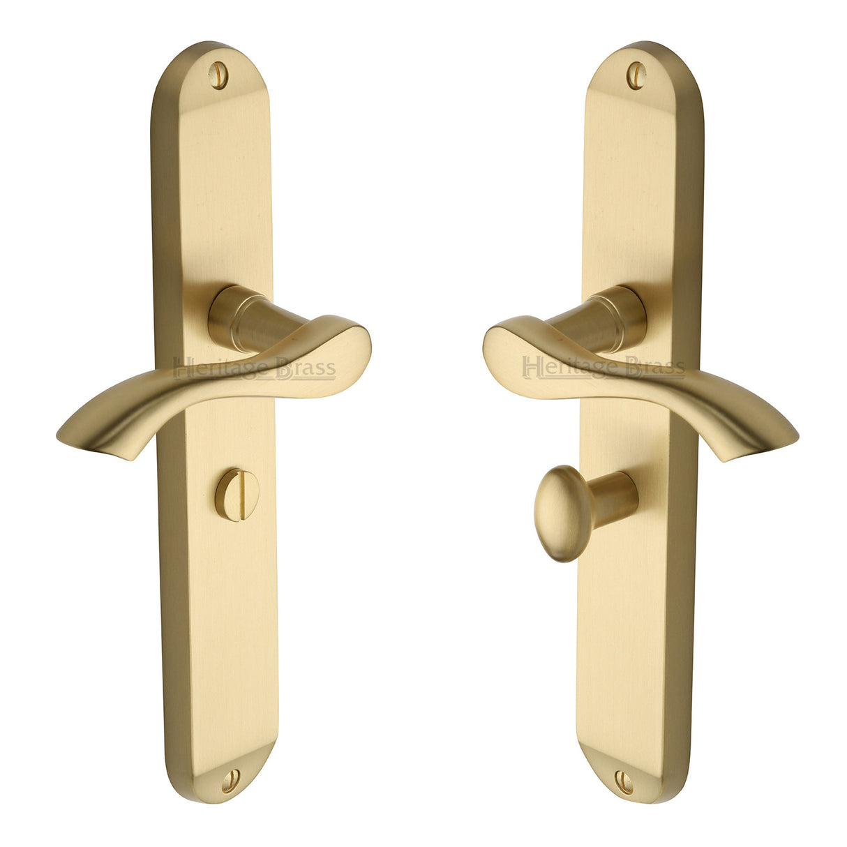 High quality image of the Heritage Brass Door Handle for Bathroom Algarve Long Design Satin Brass Finish | Sku. mm7230-sb | Discounted prices available from Trade Door Handles