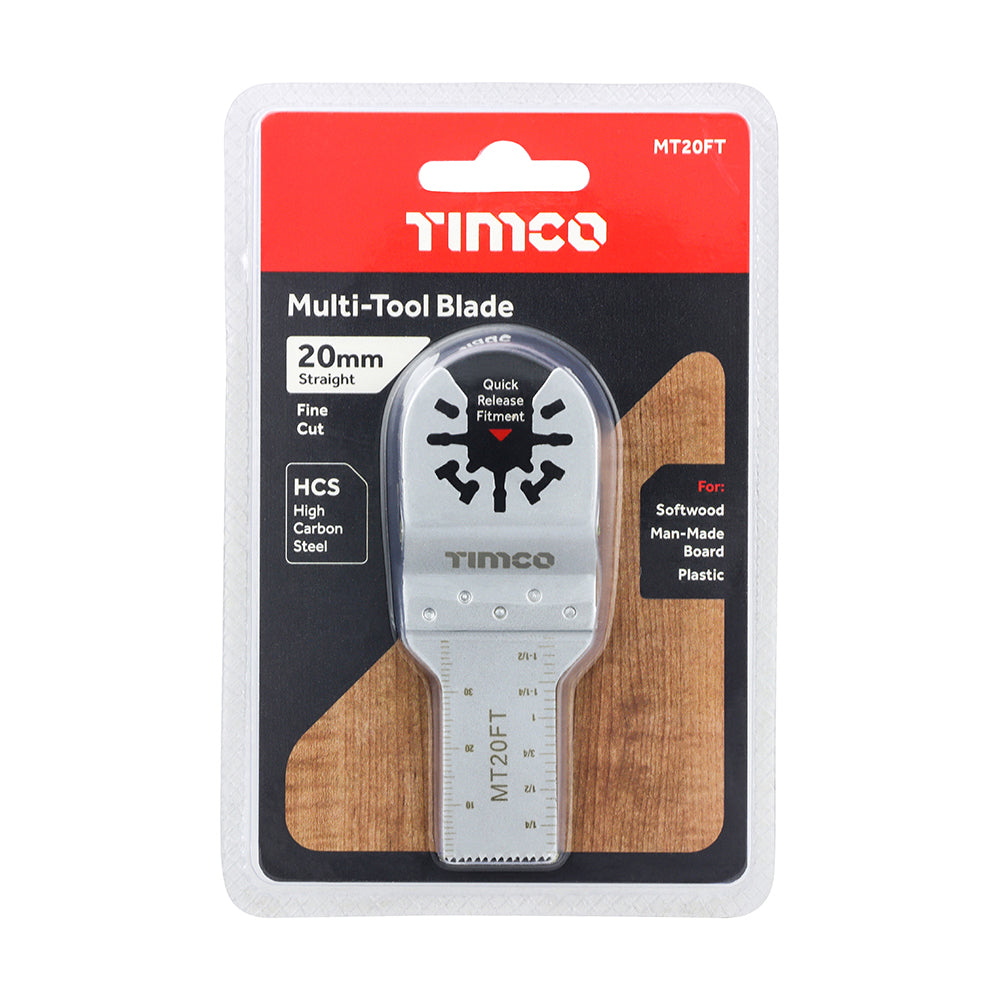 This is an image of Timco - Multi-Tool Blade - Straight Fine - For Wood 20mm (1 Each Blister Pack) MT20FT