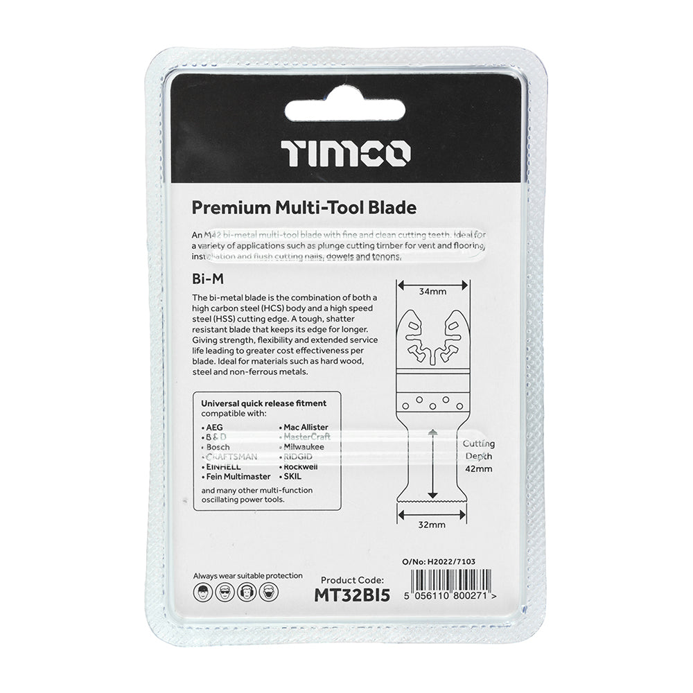 This is an image of Timco - Premium Multi-Tool Blades - Straight - For Wood/Metal - 5pcs 32mm (5 Pieces Blister Pack) MT32BI5