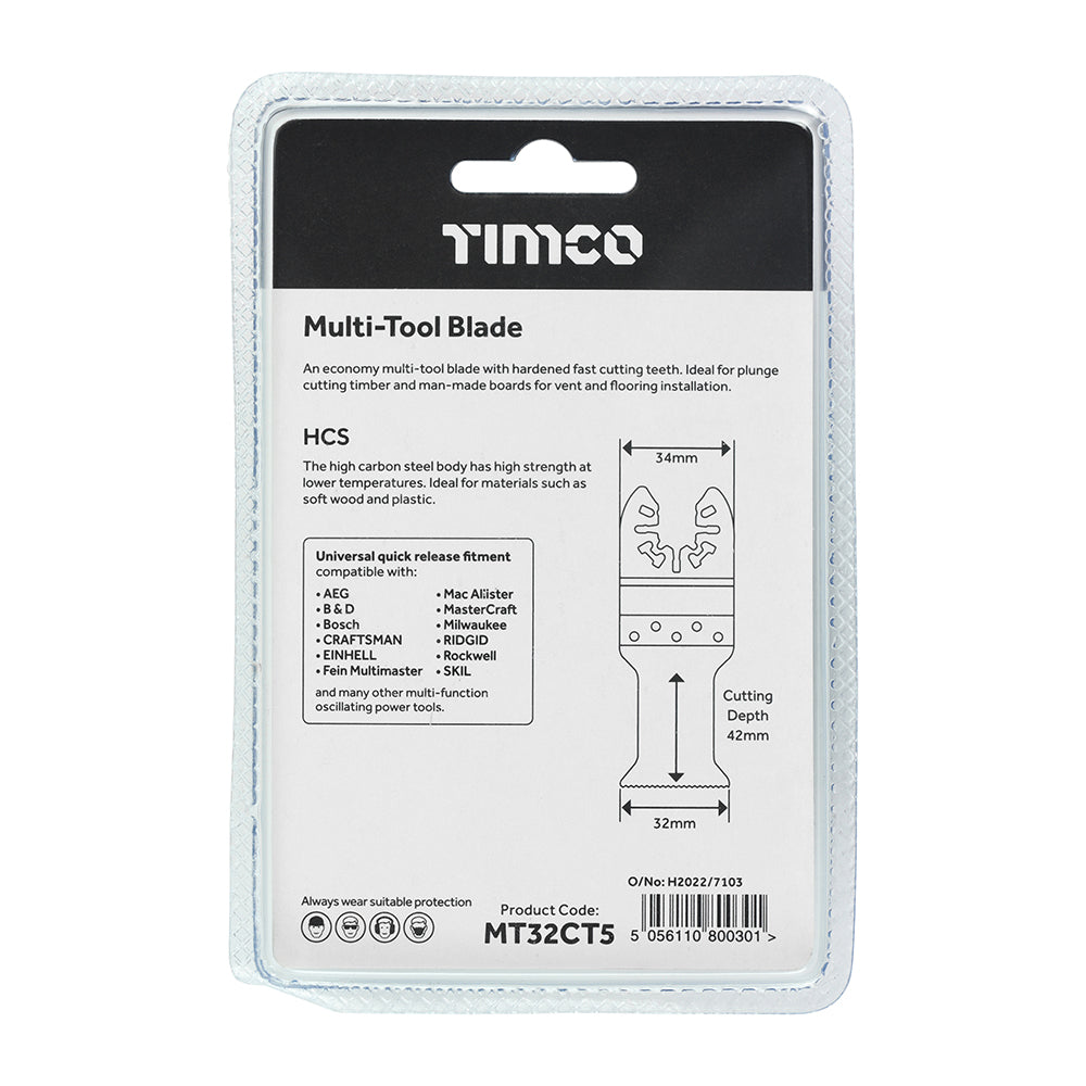 This is an image of Timco - Multi-Tool Blades - Straight Coarse - For Wood - 5pcs 32mm (5 Pieces Blister Pack) MT32CT5