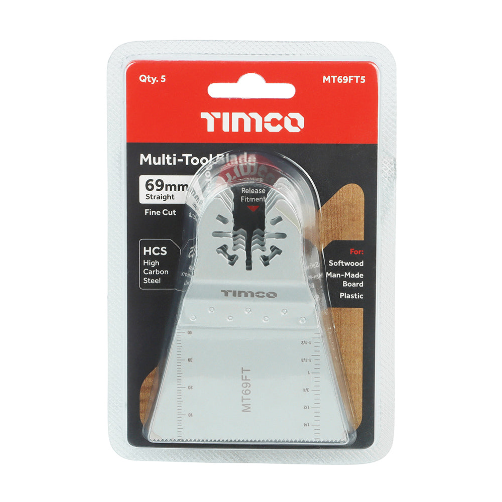 This is an image of Timco - Multi-Tool Blades - Straight Fine - For Wood - 5pcs 69mm (5 Pieces Blister Pack) MT69FT5