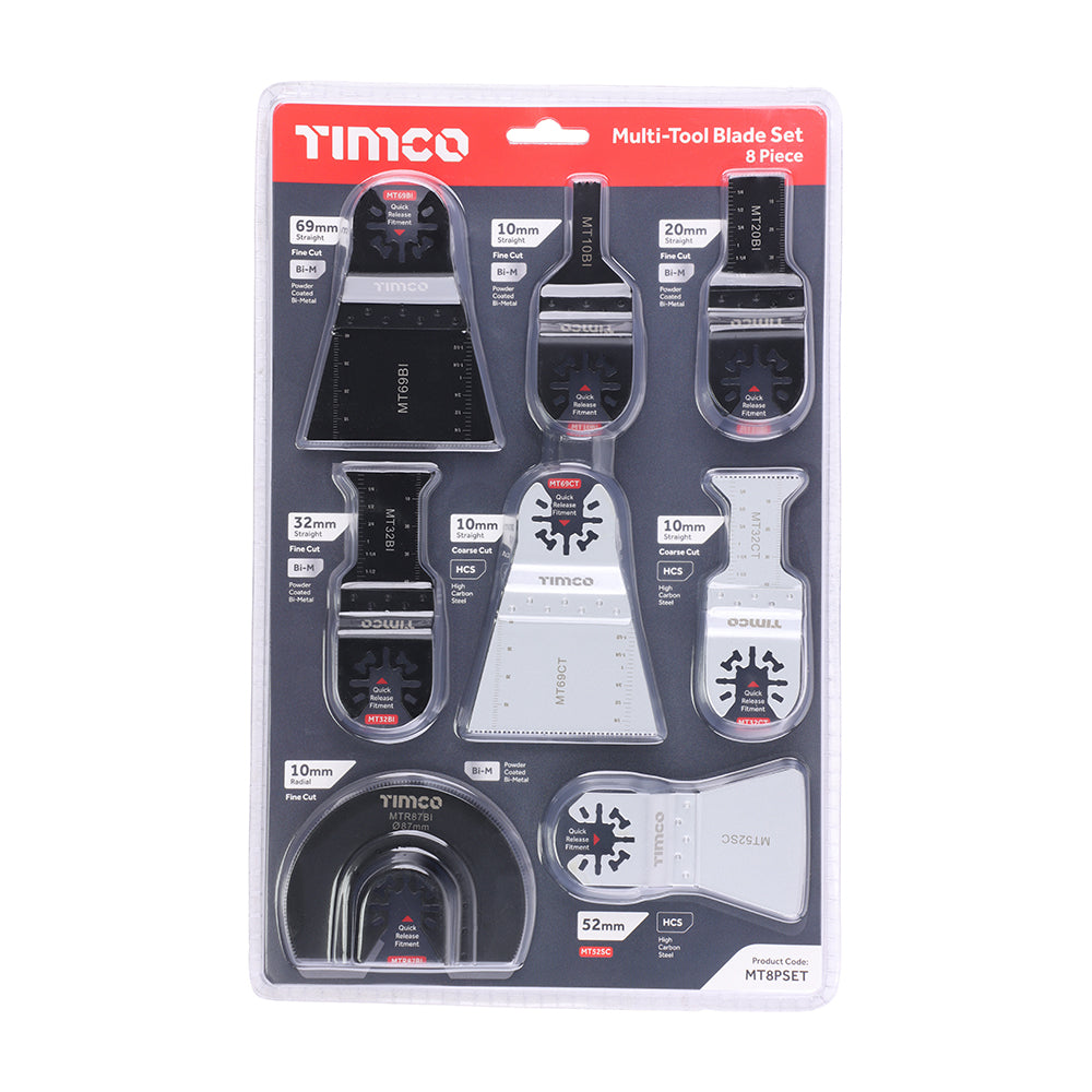 This is an image of Timco - Multi-Tool Blade Sets - 8 Piece Set Mixed (1 Each Blister Pack) MT8PSET