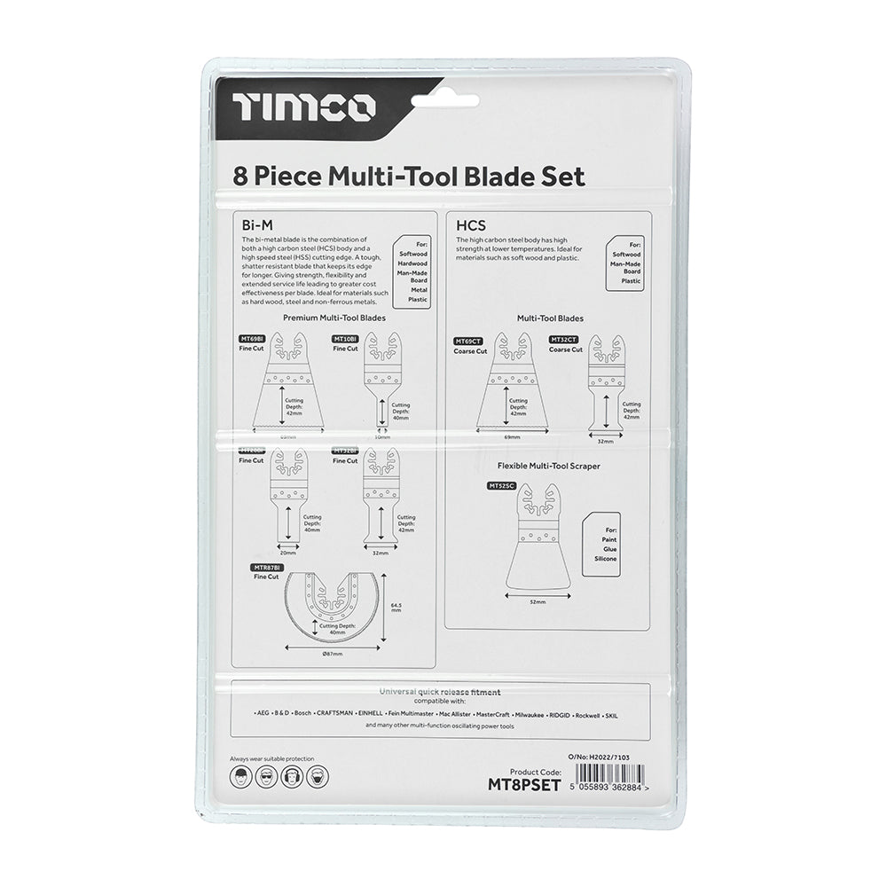 This is an image of Timco - Multi-Tool Blade Sets - 8 Piece Set Mixed (1 Each Blister Pack) MT8PSET