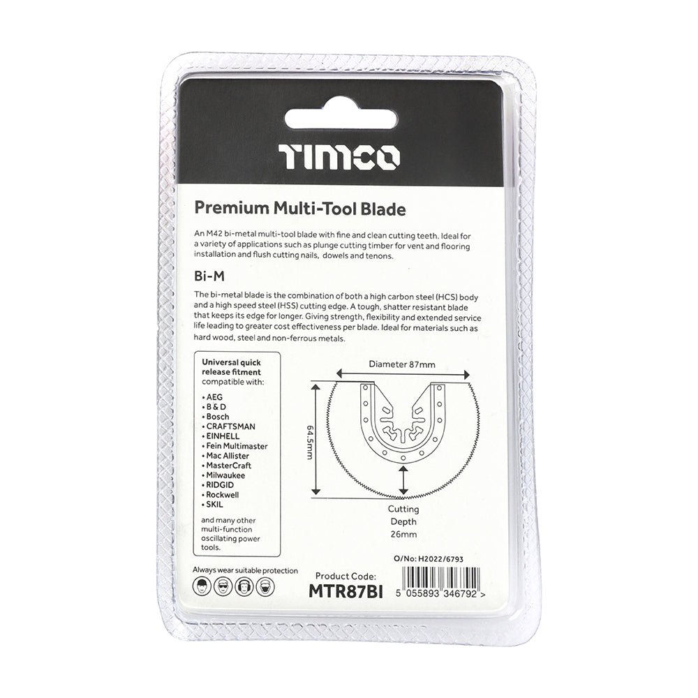 This is an image of Timco - Premium Multi-Tool Blade - Radial - For Wood / Metal Dia. 87mm (1 Each Blister Pack) MTR87BI