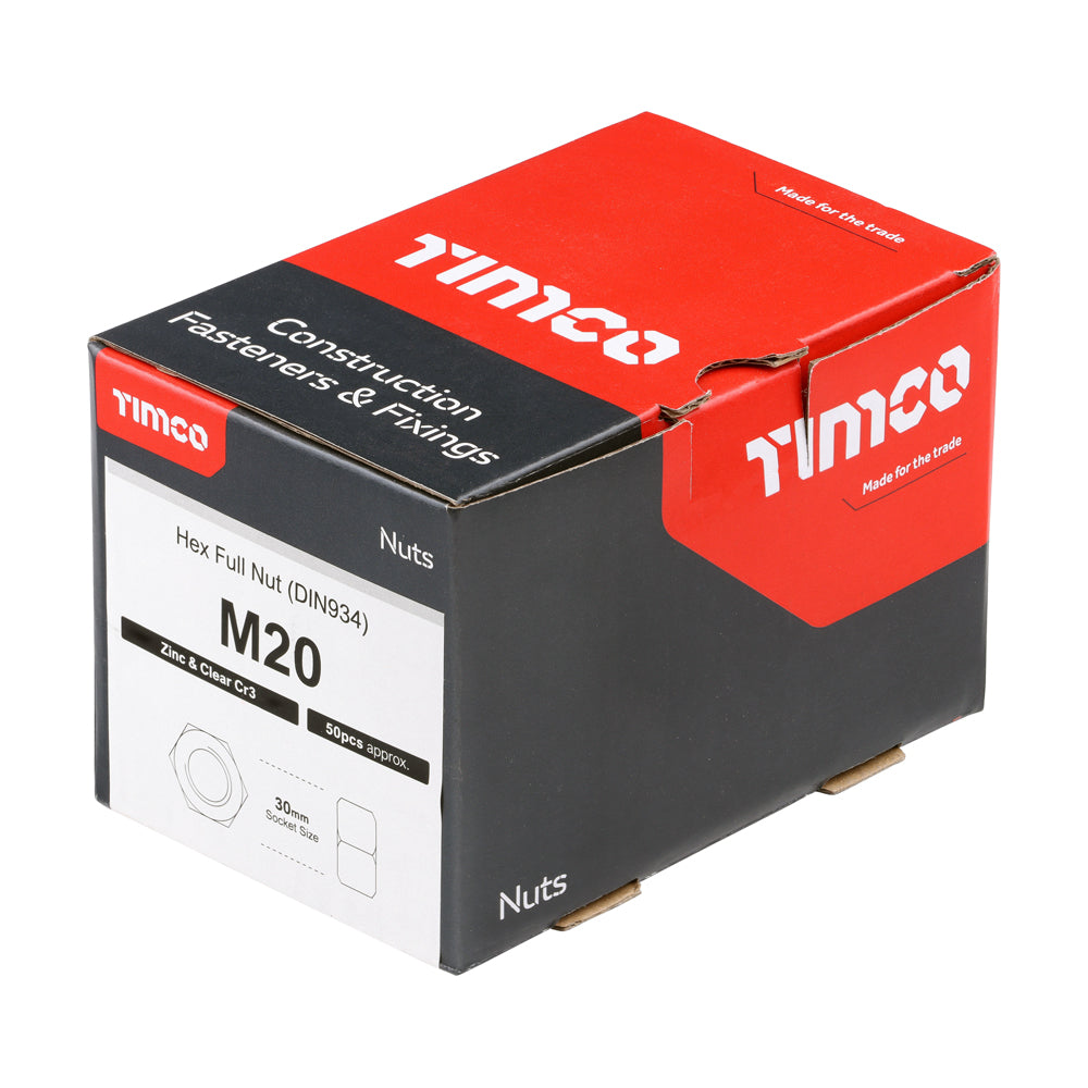 This is an image of Timco - Hex Full Nuts - Zinc M20 - (50 PCS Box) NH20Z