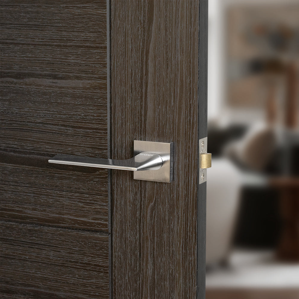 Quality image of Oro & Oro Unica Lever Door Handle on Square Rose - Satin Chrome | Sku. o6515esc | available from Trade Door Handles.