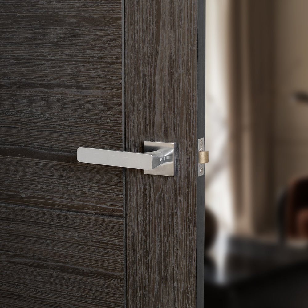 Quality image of Oro & Oro Galassia Lever Door Handle on Square Rose - Satin Chrome | Sku. o10815esc | available from Trade Door Handles.