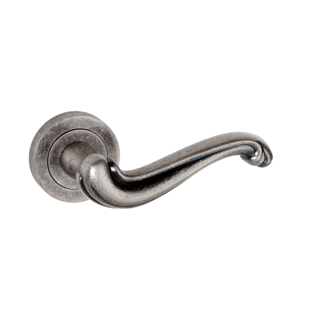 Quality image of Old English Colchester Lever Door Handle on Round Rose - Distressed Silver | Sku. oe177ds | available from Trade Door Handles.