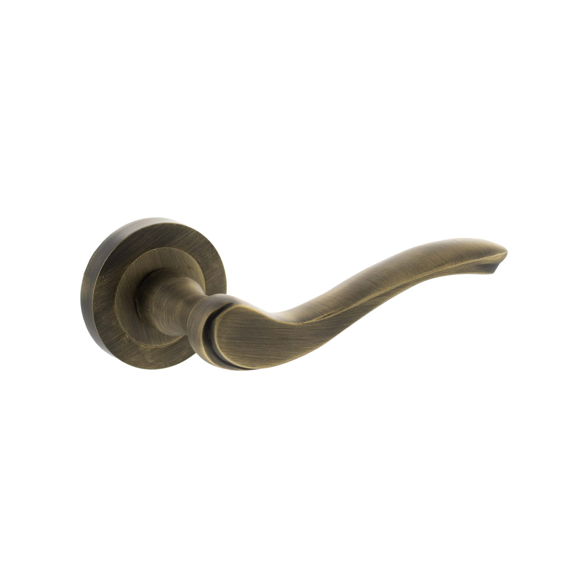 Quality image of Old English Warwick Lever Door Handle on Round Rose - Matt Antique Brass | Sku. oe178mab | available from Trade Door Handles.