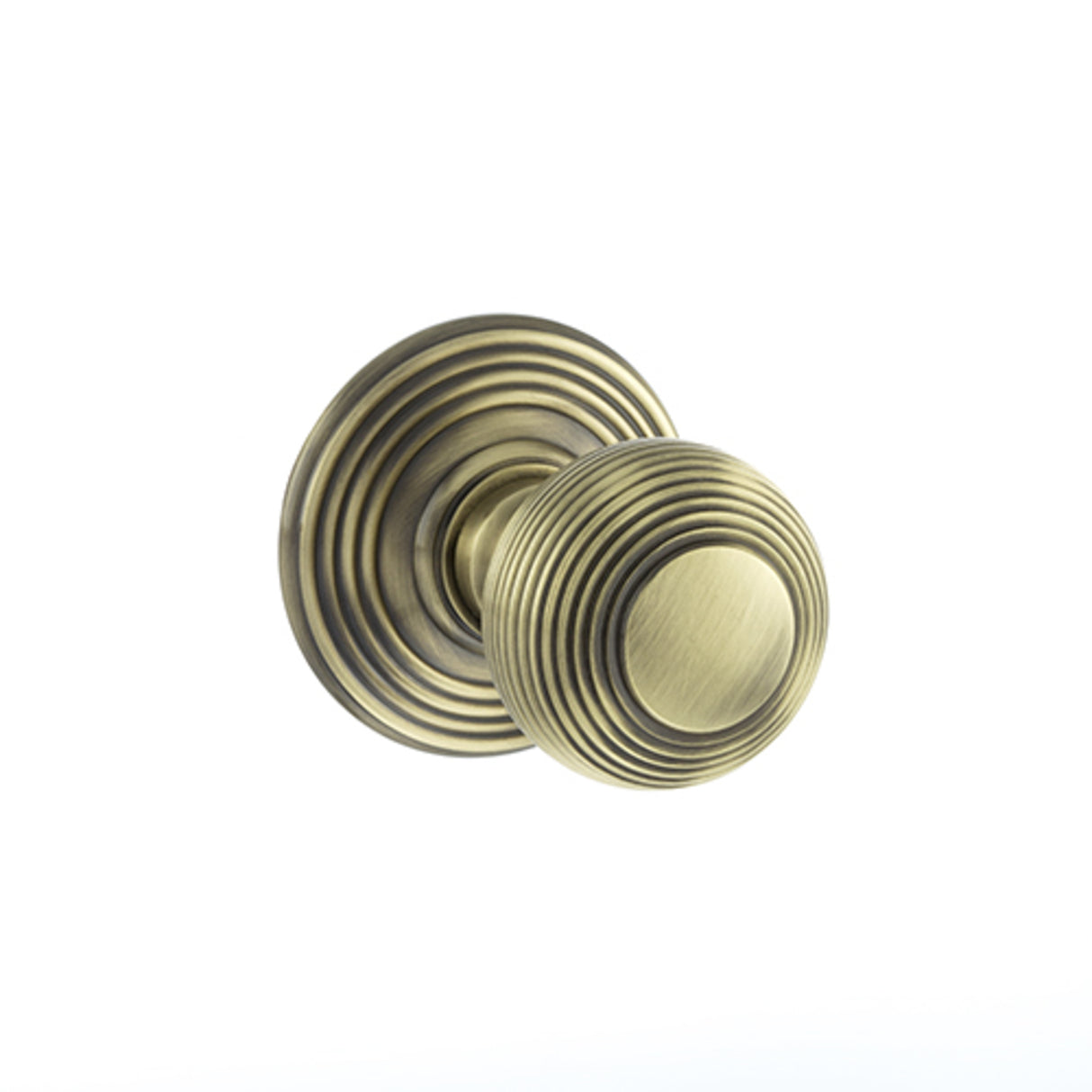 Quality image of Old English Ripon Solid Brass Reeded Mortice Knob on Concealed Fix Rose - Antique Brass | Sku. oe50rmkab | available from Trade Door Handles.