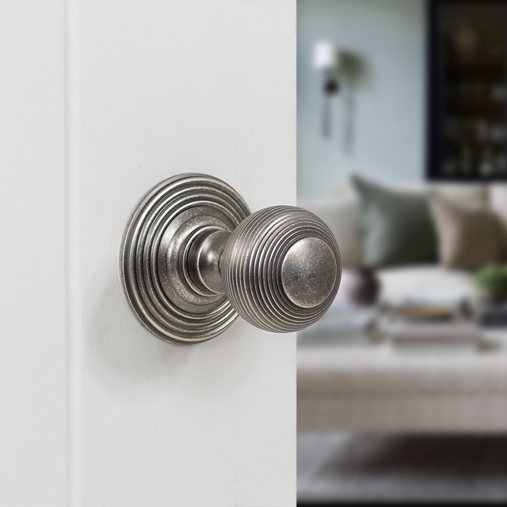 Quality image of Old English Ripon Door Knob Pack (Latch Set - 3" HD Latch, 3" Fire Rated Hinges x3) - Distressed Silver | Sku. adpoe50rmkds54 | available from Trade Door Handles.