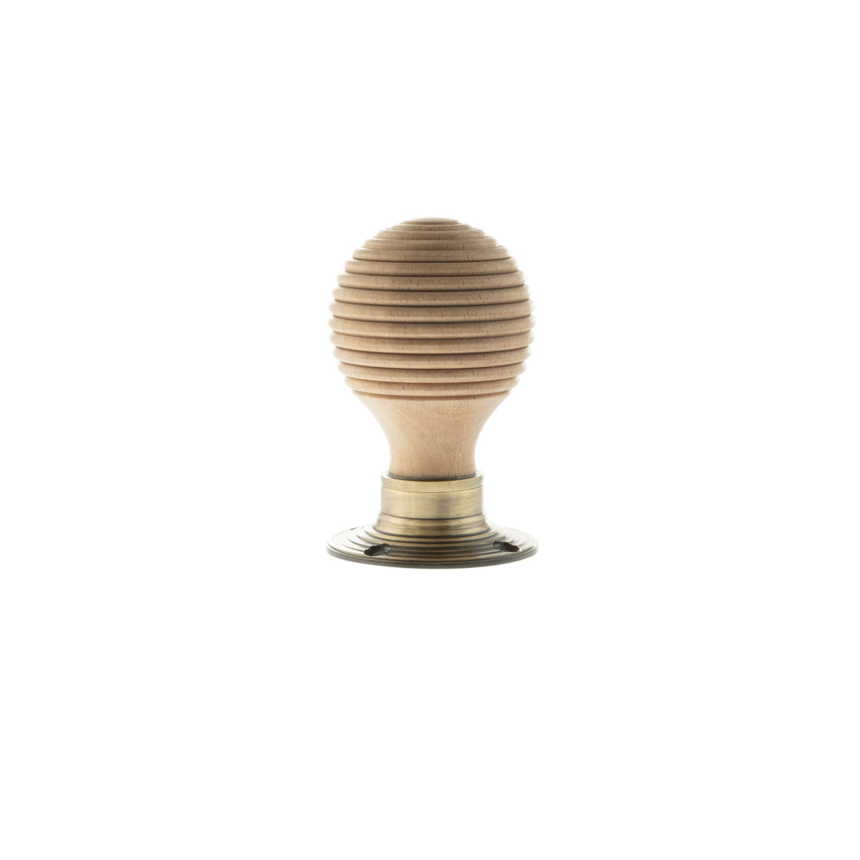 Quality image of Old English Bridlington Wood Reeded Beehive Door Knob on Face Fix Rose - Antique Brass | Sku. oe57rmkab | available from Trade Door Handles.
