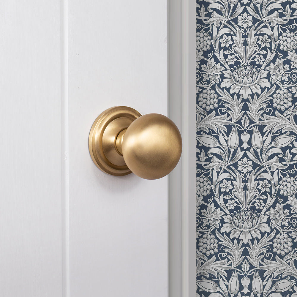 Quality image of Old English Harrogate Solid Brass Mushroom Mortice Knob on Concealed Fix Rose - Satin Brass | Sku. oe58mmksb | available from Trade Door Handles.