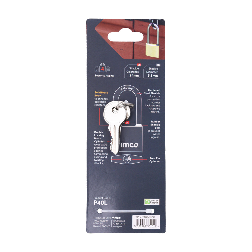 This is an image of Timco - Brass Padlock Long Shackle 40mm (1 Each Blister Pack) P40L