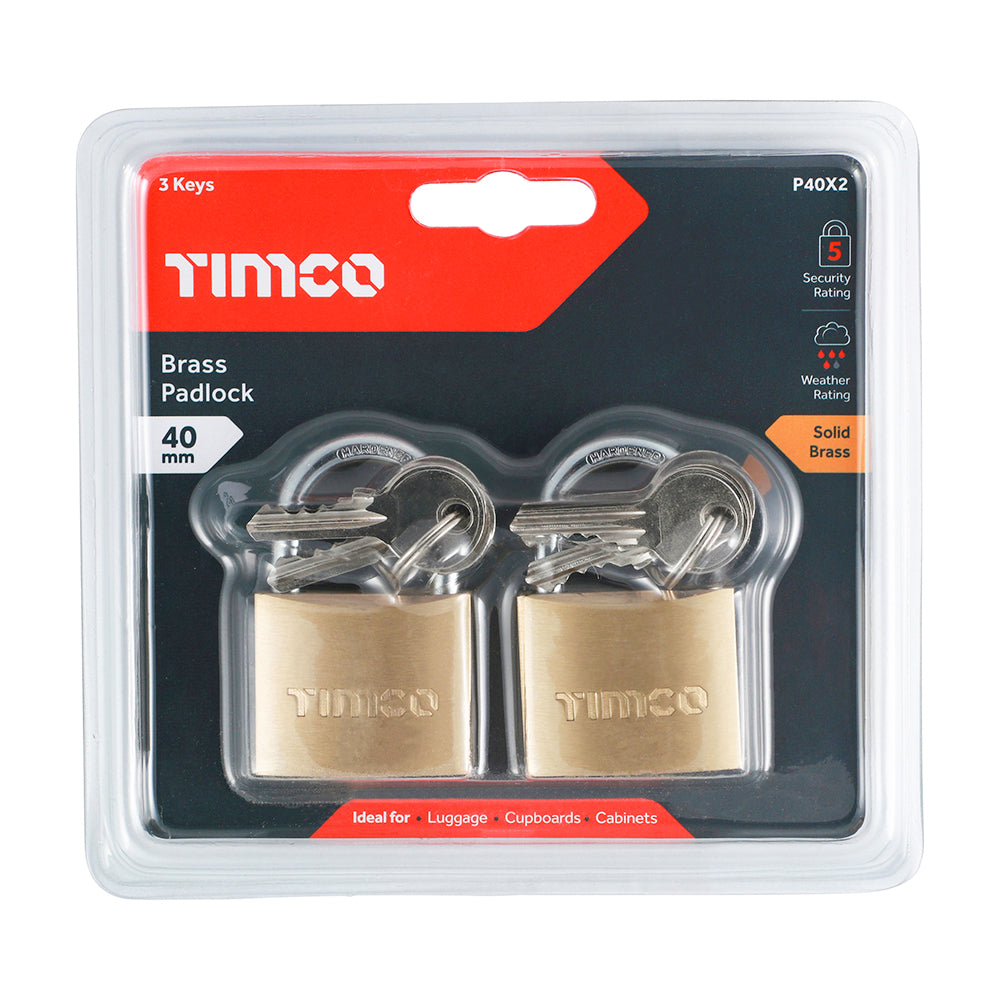 This is an image of Timco - Brass Padlock 40mm (2 Pieces Blister Pack) P40X2
