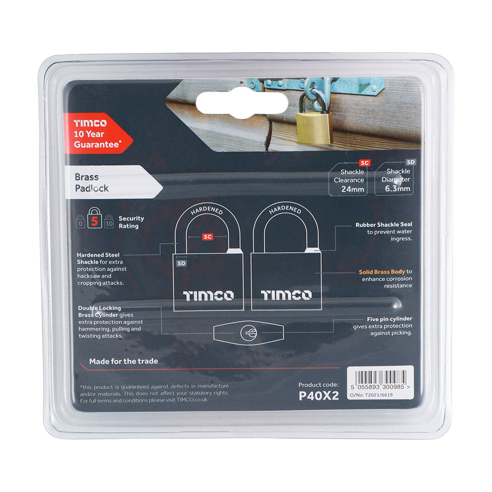 This is an image of Timco - Brass Padlock 40mm (2 Pieces Blister Pack) P40X2