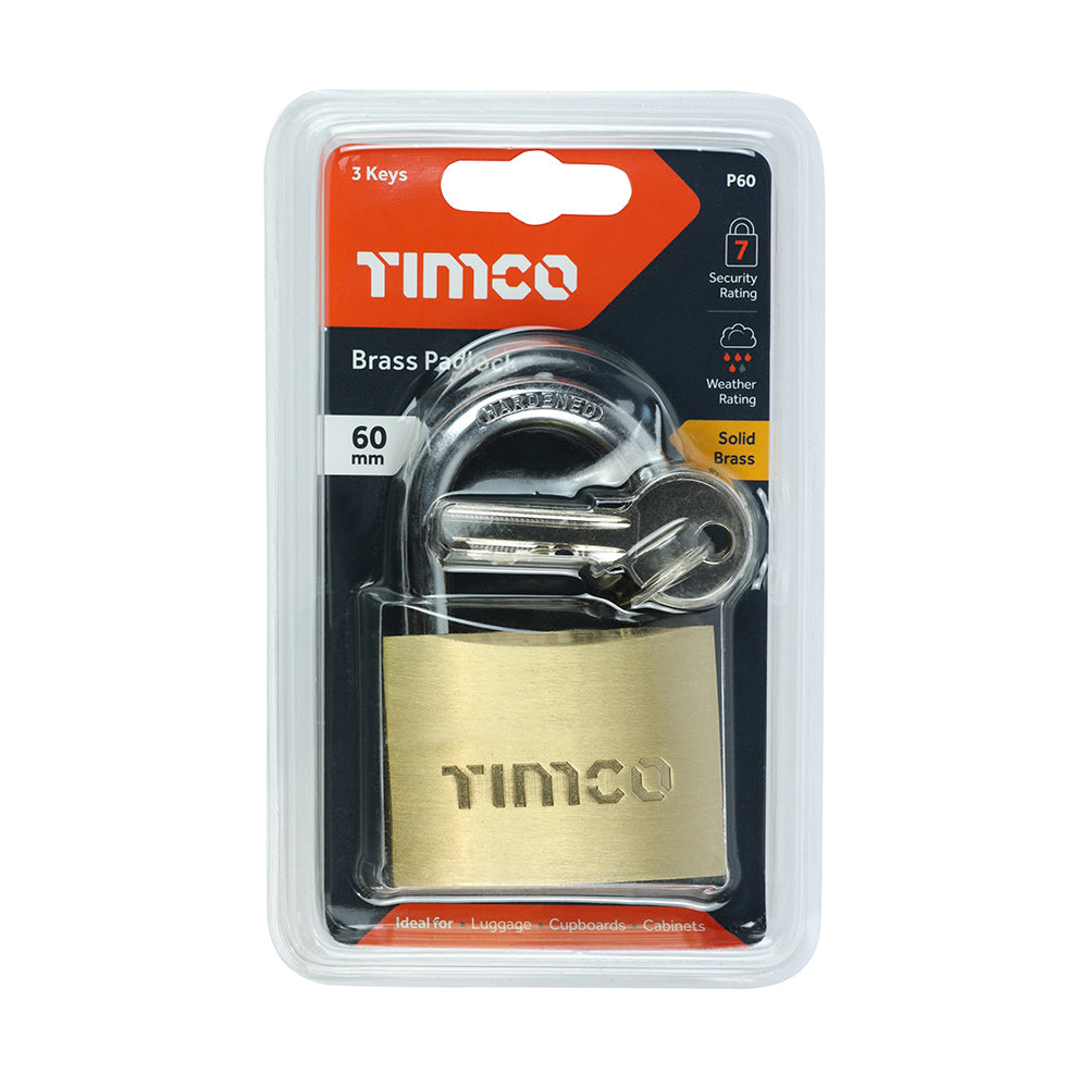 This is an image of Timco - Brass Padlock 60mm (1 Each Blister Pack) P60