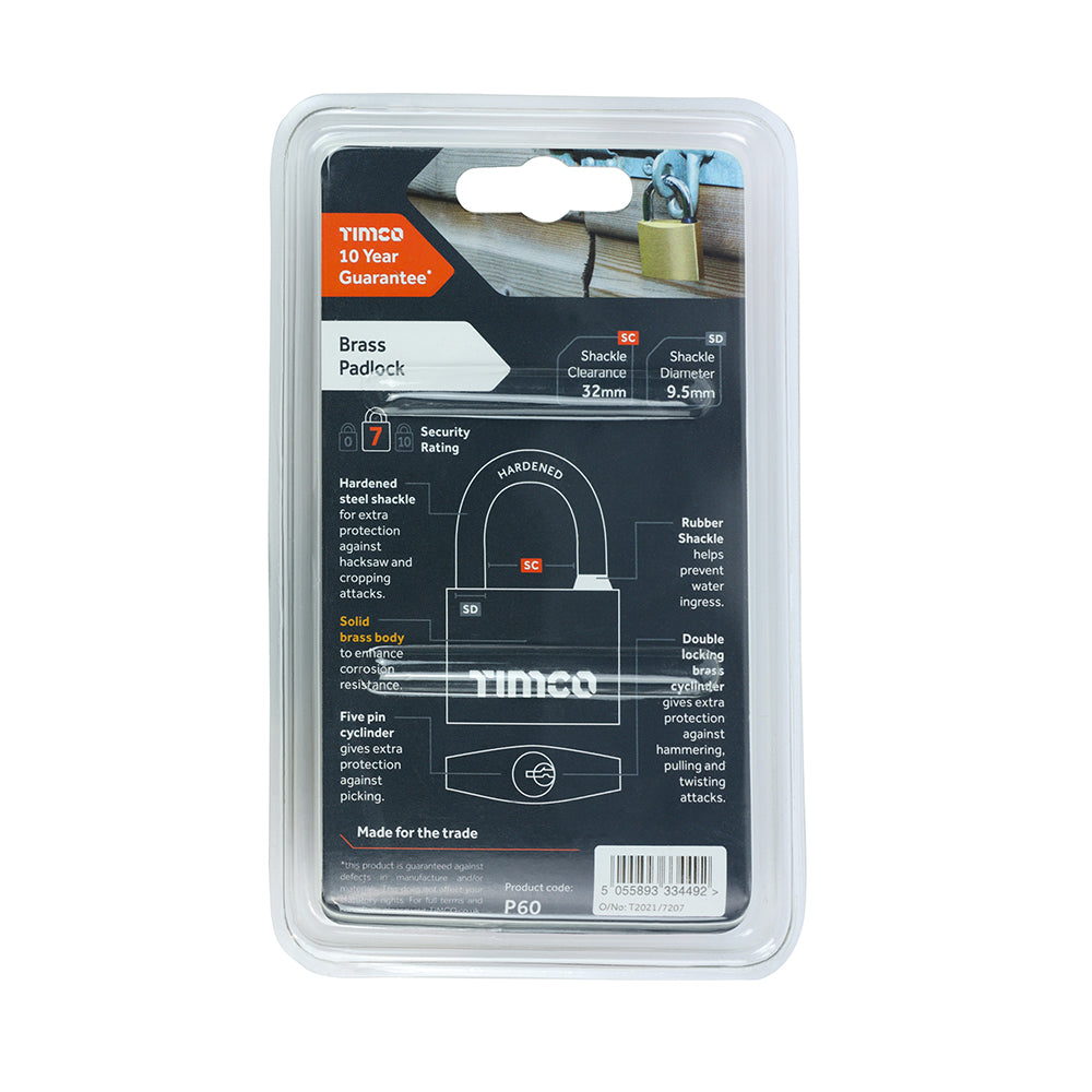 This is an image of Timco - Brass Padlock 60mm (1 Each Blister Pack) P60