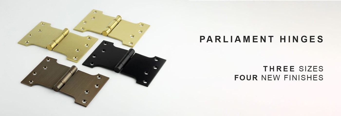 Three types of parliament hinges in gold, black, and bronze on a white background with text indicating new finishes.