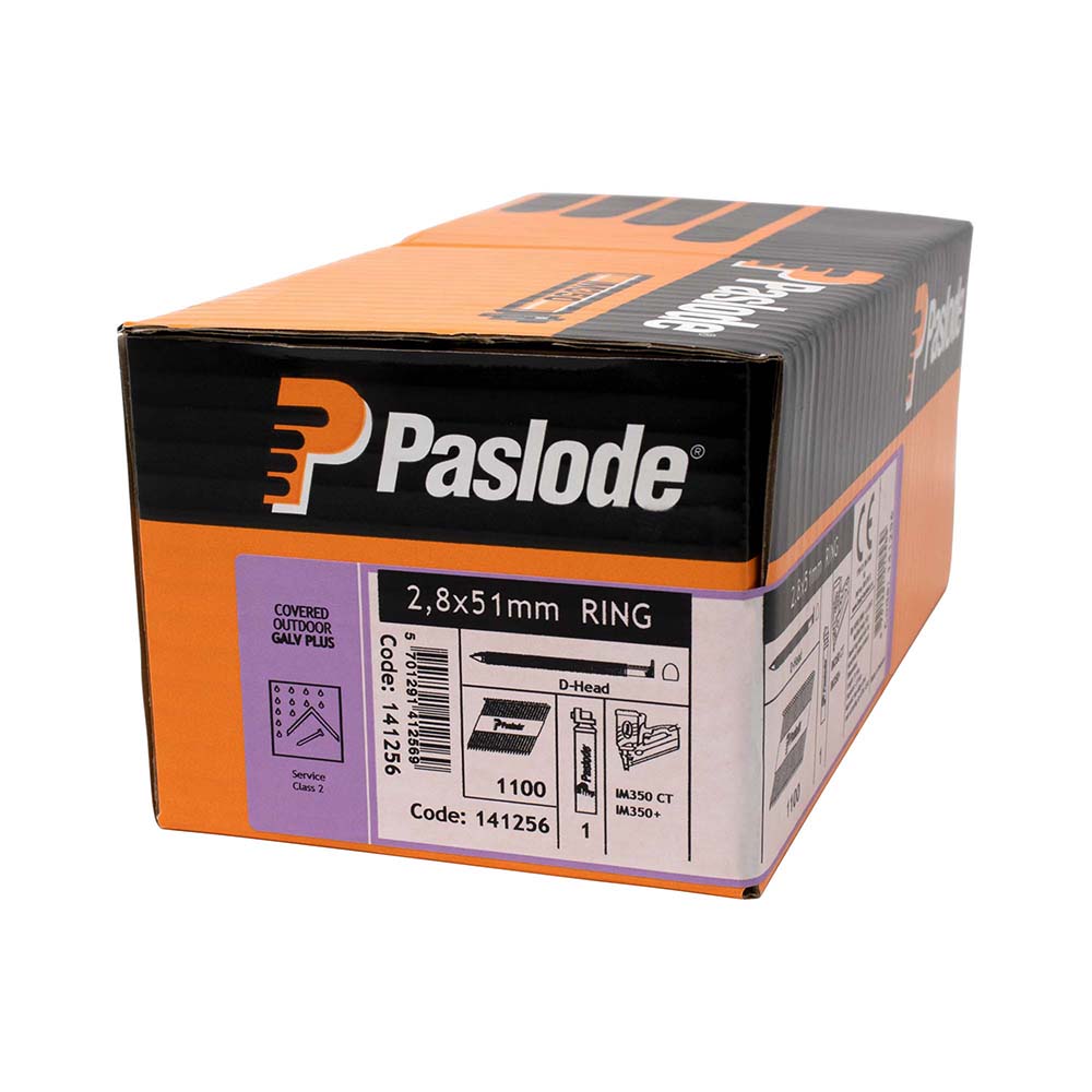 This is an image of Paslode IM350+ Nails & Fuel Cells Retail Pack - Ring Shank - Galvanised + - 141256 2.8 x 51mm/1CFC (1100 PCS Box) PAS141256