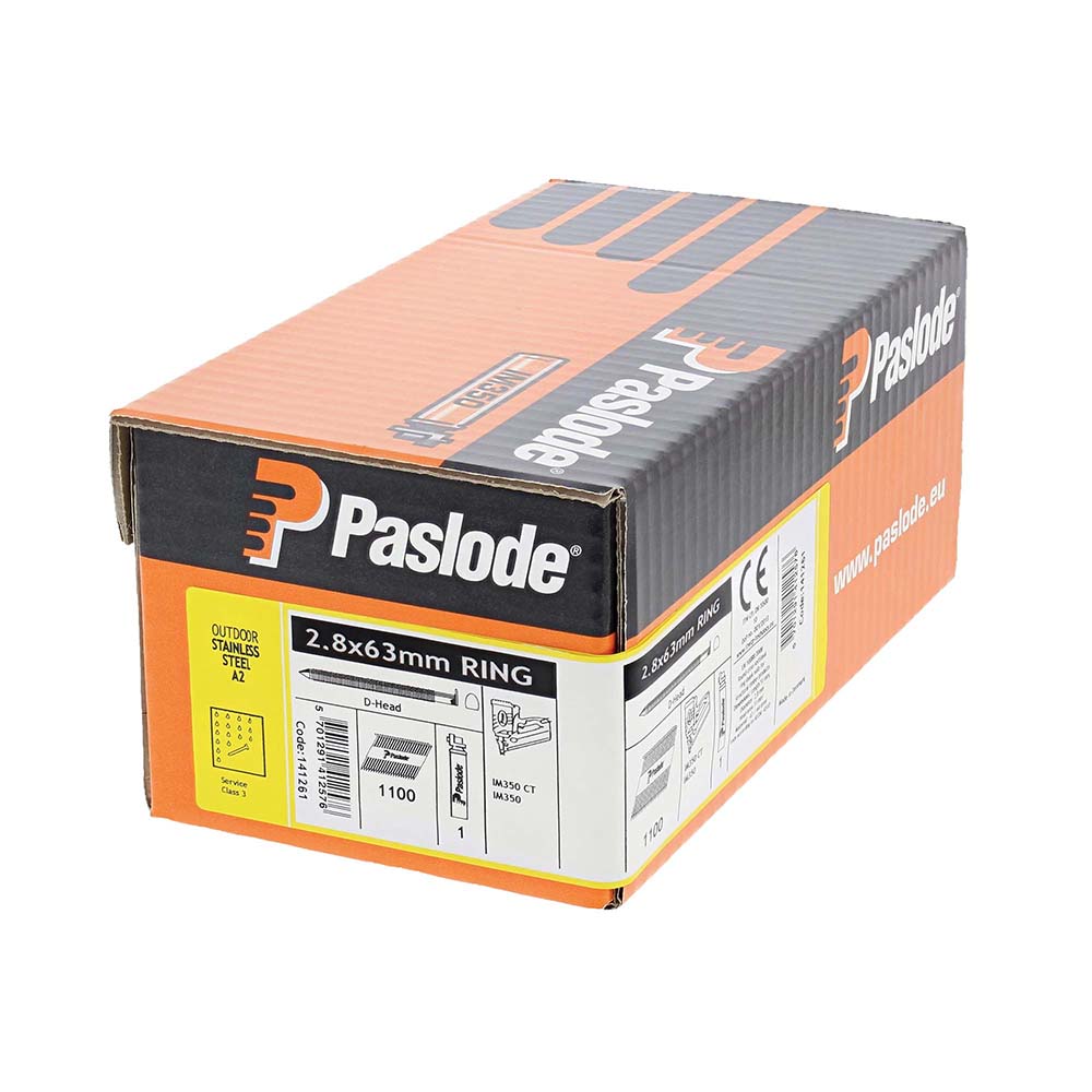 This is an image of Paslode IM350+ Nails & Fuel Cells Retail Pack - Ring Shank - Stainless Steel - 141261 2.8 x 63mm/1CFC (1100 PCS Box) PAS141261