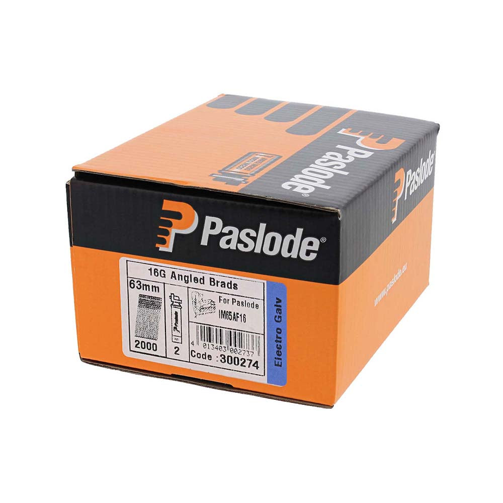 This is an image of Paslode IM65A Brads & Fuel Cells Pack - Angled - Electro Galvanised - 300274 16g x 63mm/2BFC (2000 PCS Box) PAS300274