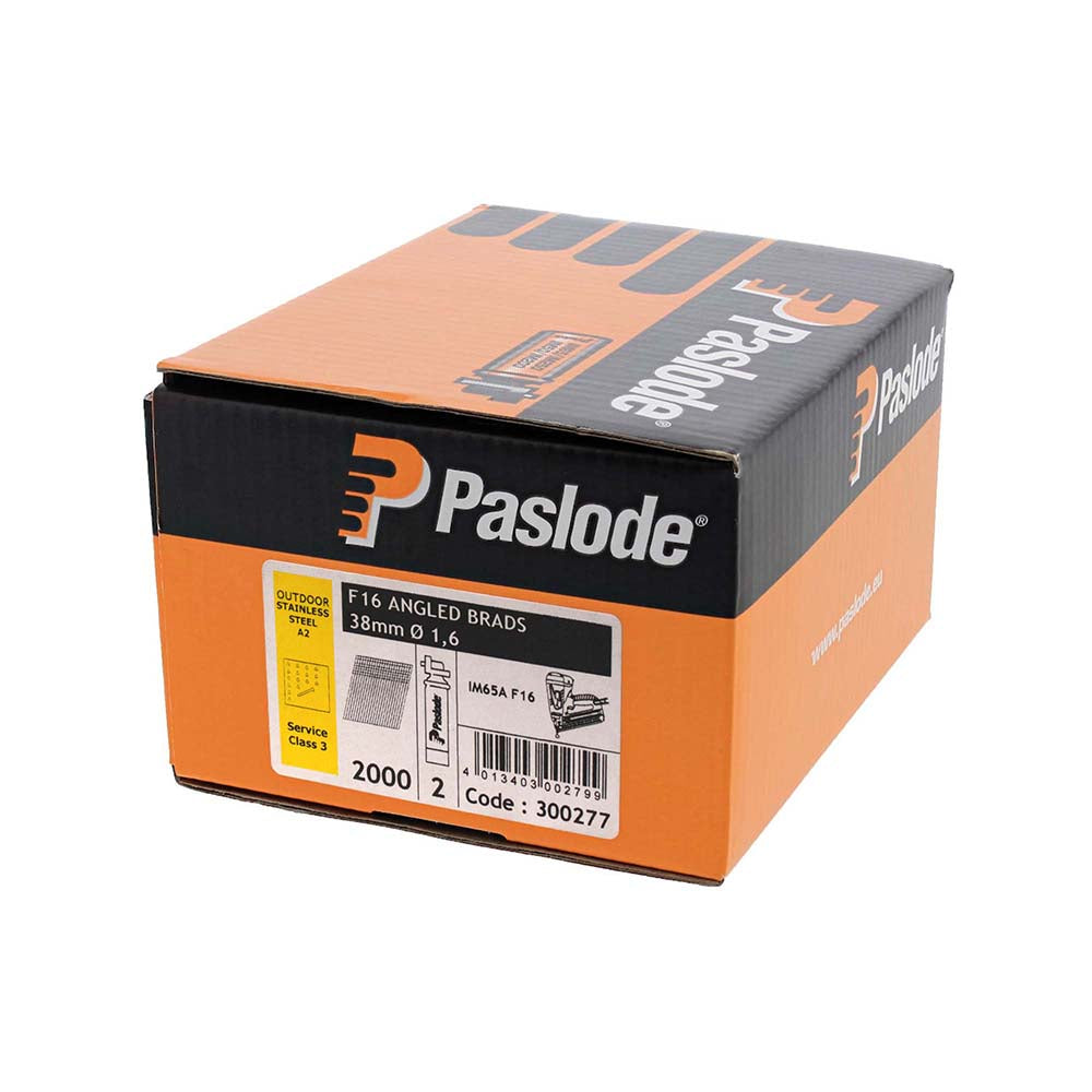 This is an image of Paslode IM65A Brads & Fuel Cells Pack - Angled - Stainless Steel - 300277 16g x 38mm/2BFC (2000 PCS Box) PAS300277