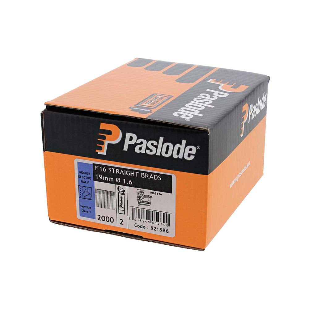 This is an image of Paslode IM65 Brads & Fuel Cells Pack - Straight - Electro Galvanised - 921586 16g x 19mm/2BFC (2000 PCS Box) PAS921586