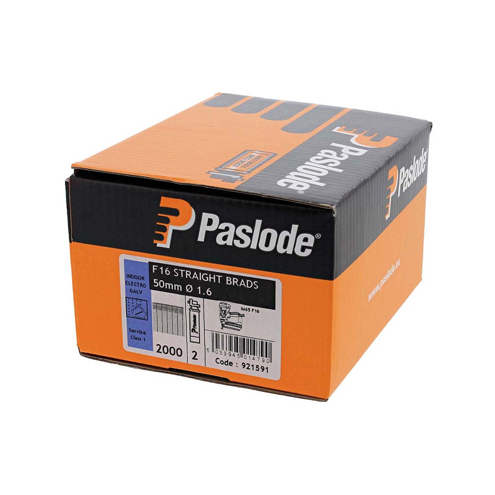 This is an image of Paslode IM65 Brads & Fuel Cells Pack - Straight - Electro Galvanised - 921591 16g x 50mm/2BFC (2000 PCS Box) PAS921591