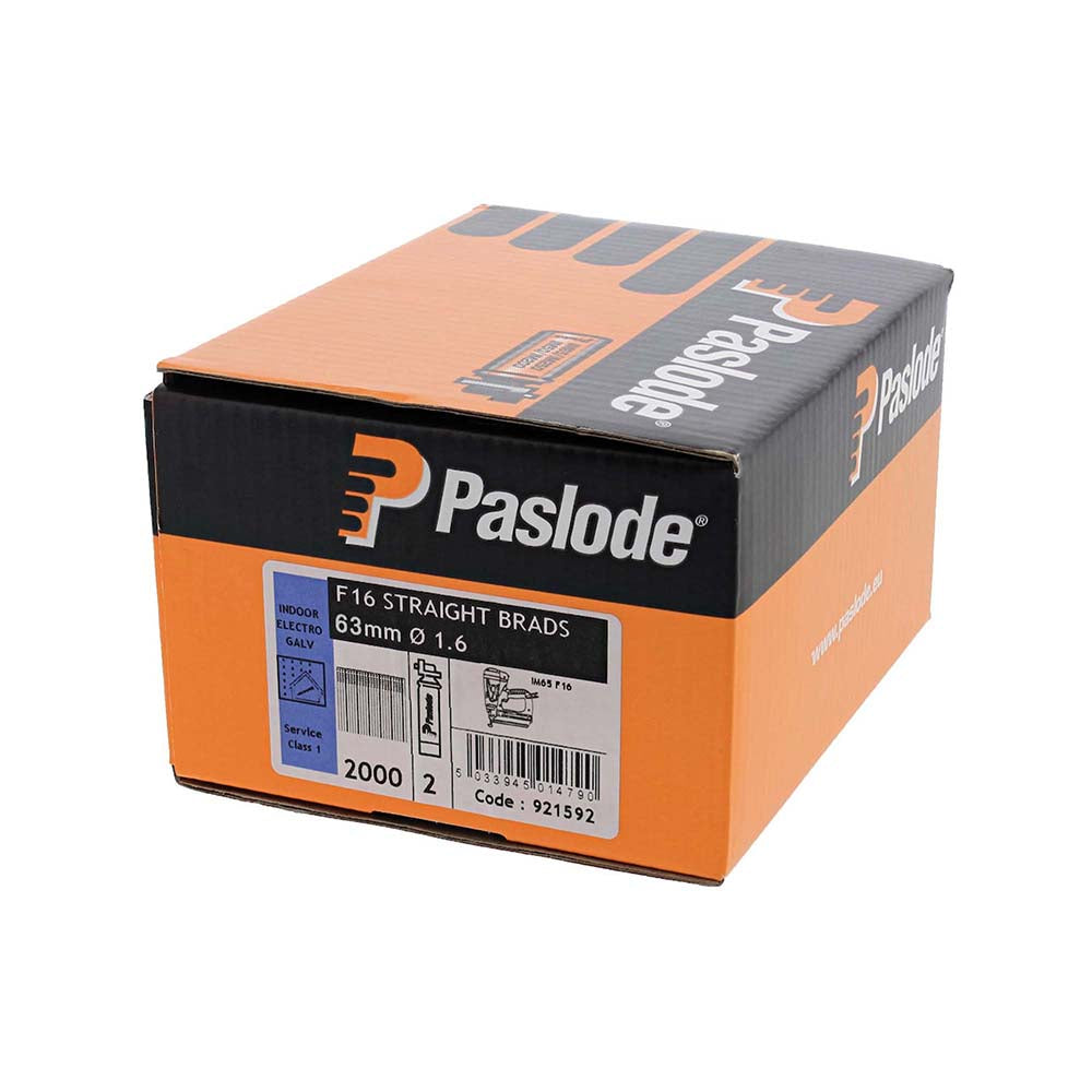 This is an image of Paslode IM65 Brads & Fuel Cells Pack - Straight - Electro Galvanised - 921592 16g x 63mm/2BFC (2000 PCS Box) PAS921592
