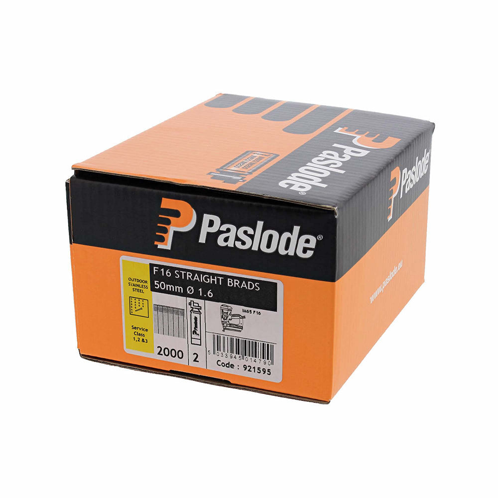 This is an image of Paslode IM65 Brads & Fuel Cells Pack - Straight - Stainless Steel - 921595 16g x 50mm/2BFC (2000 PCS Box) PAS921595