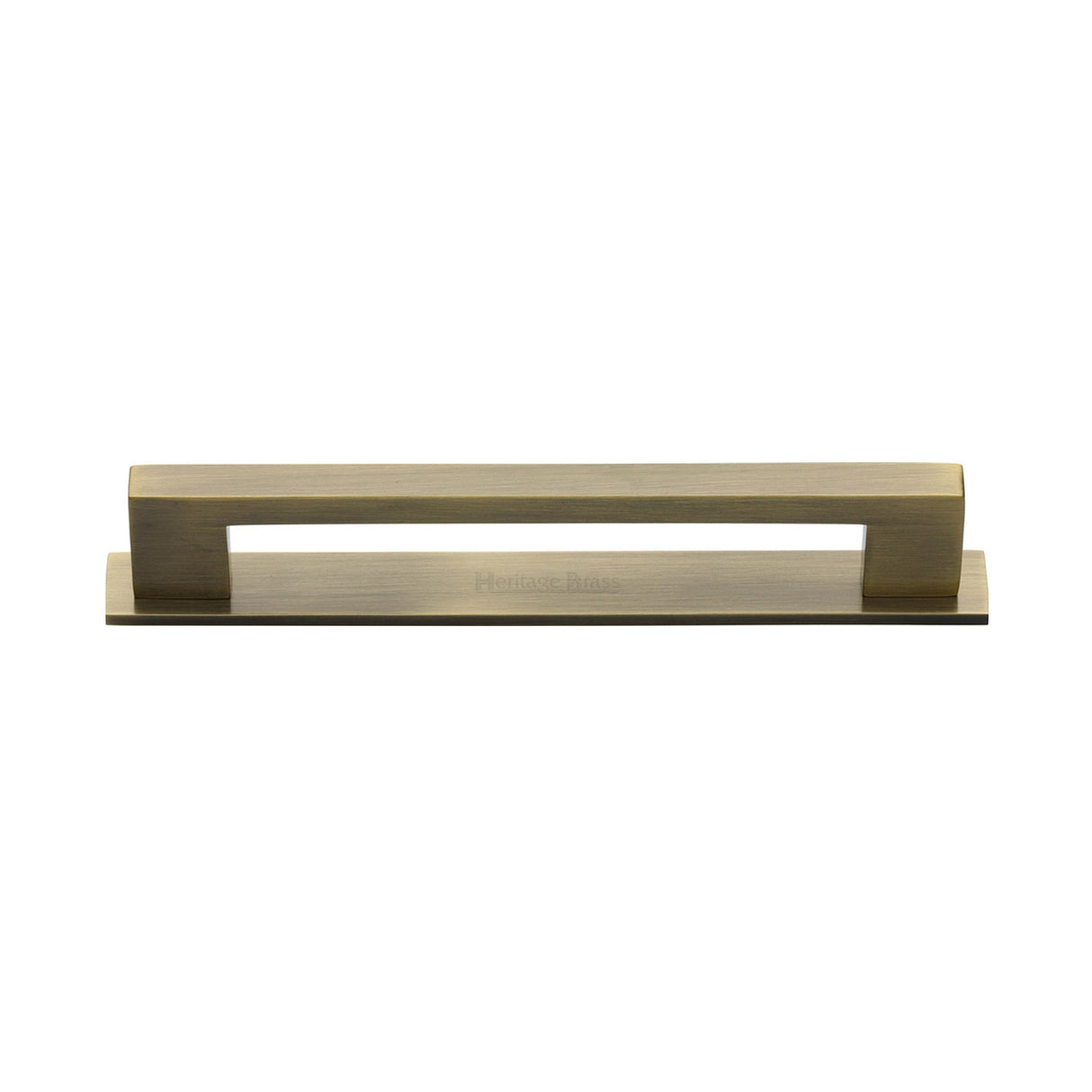 High quality image of the Heritage Brass Cabinet Pull Metro Design with Plate 128mm CTC Antique Brass Finish | Sku. pl0337-128-at | Discounted prices available from Trade Door Handles