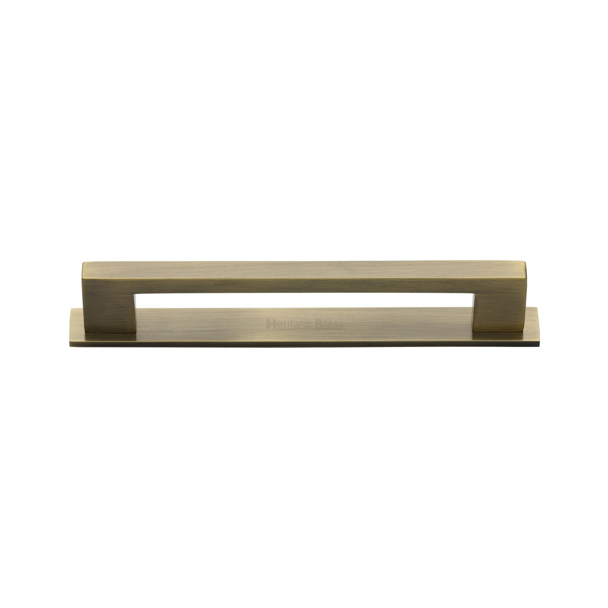High quality image of the Heritage Brass Cabinet Pull Metro Design with Plate 96mm CTC Antique Brass Finish | Sku. pl0337-96-at | Discounted prices available from Trade Door Handles