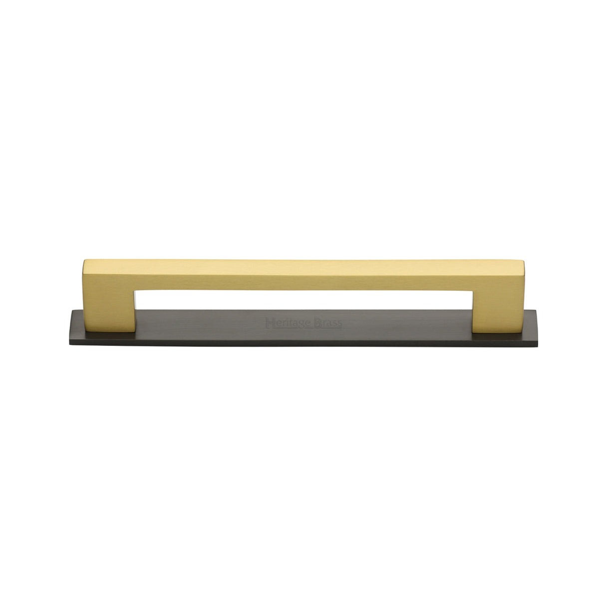High quality image of the Heritage Brass Cabinet Pull Metro Design with Plate 96mm CTC Matt Bronze/Satin Brass Finish | Sku. pl0337-96-bsb | Discounted prices available from Trade Door Handles