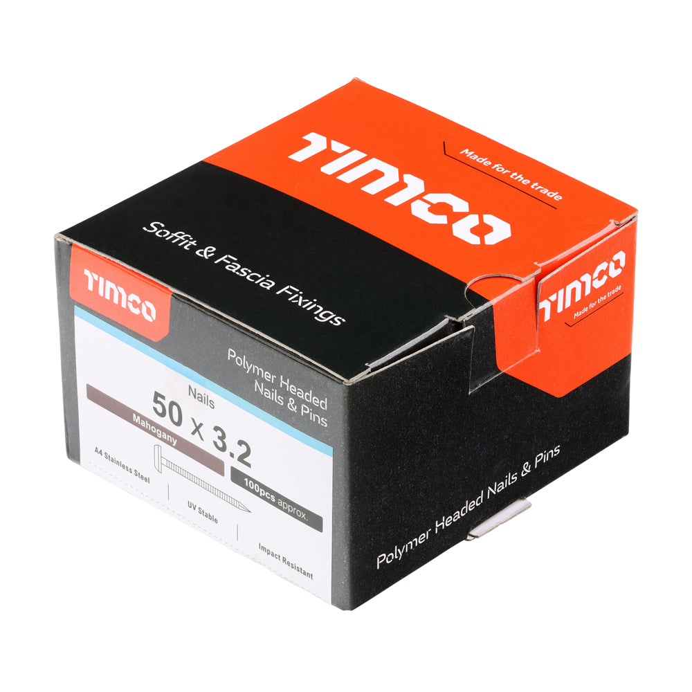 This is an image of Timco - Polymer Headed Nails - A4 Stainless Steel - Mahogany 50mm (100 PCS Box) PN50BR