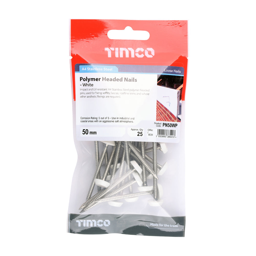 This is an image of Timco - Polymer Headed Pins - Stainless Steel - White 50mm (25 PCS TIMpac) PN50WP